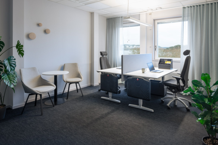 Kontorsyta med skrivbord, stolar, laptop, sittgrupp och gröna växter vid fönster