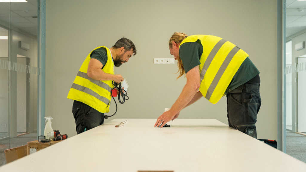 Två montörer från Rekomo monterar ett konferensbord ute hos en kund.