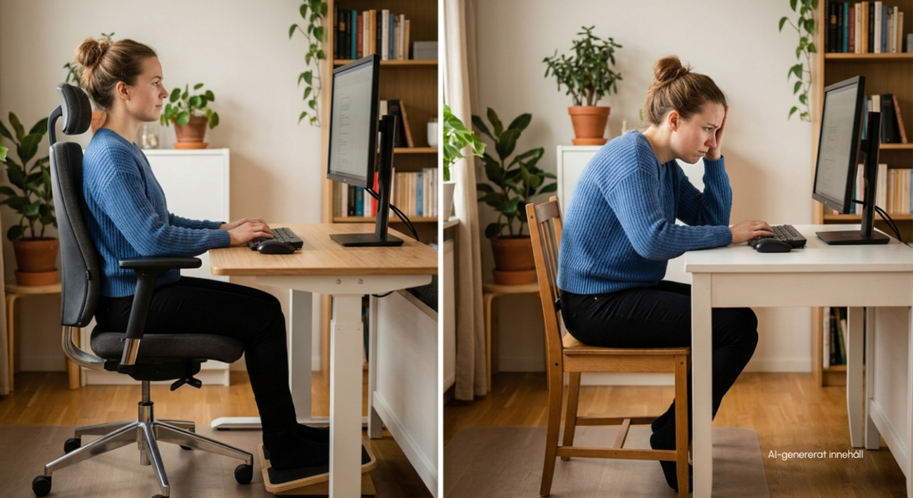 Jämförelse av ergonomi vid skrivbord, korrekt sittställning med stol och felaktig vid bord