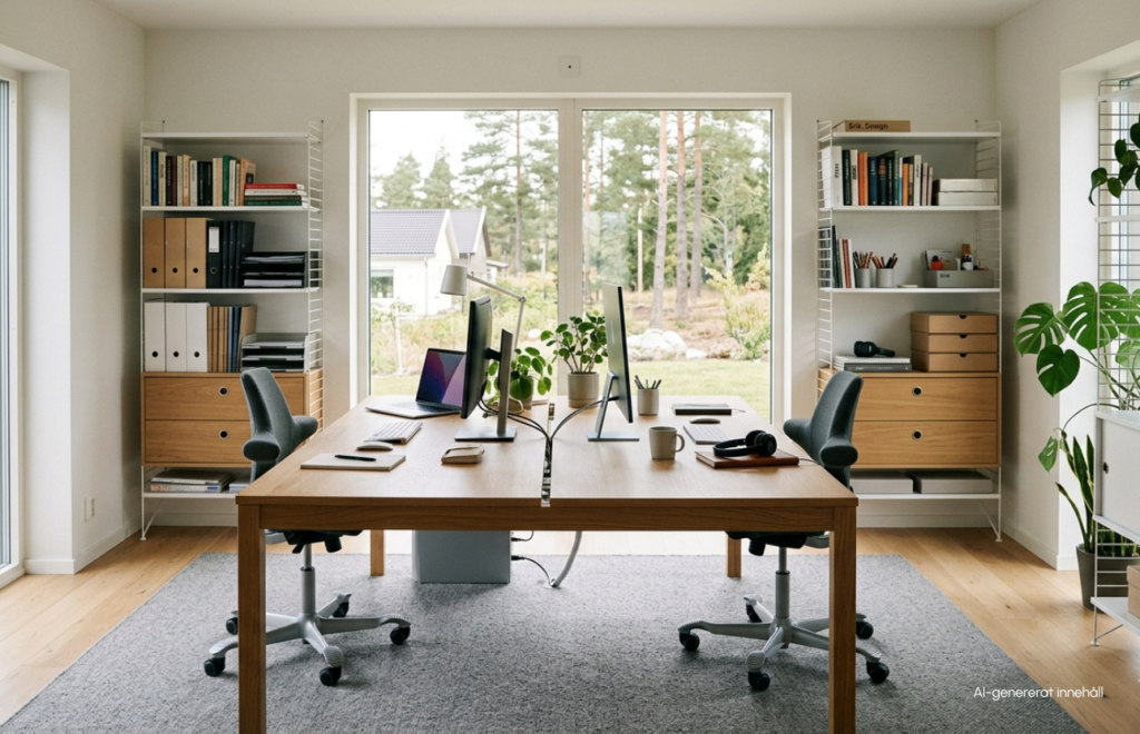 Delat hemmakontor med två skrivbord rygg mot rygg, skärmar, stolar och förvaring vid stort fönster