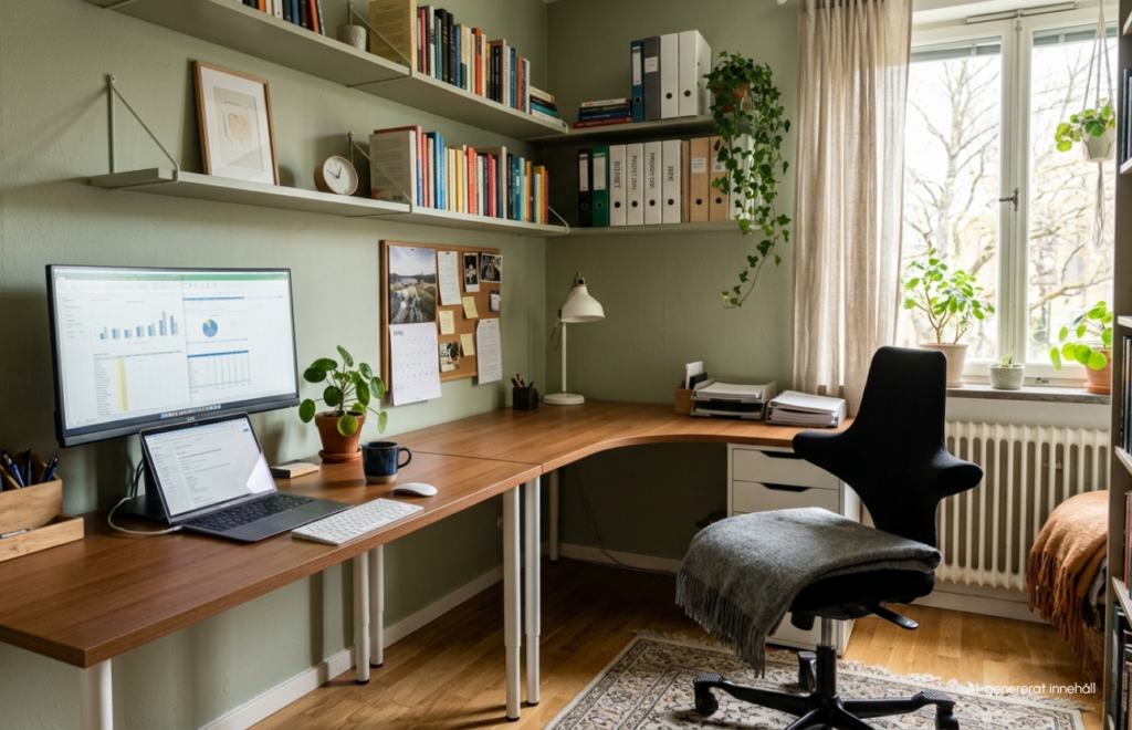 Hörnplacerat hemmakontor med skrivbord, dator, bokhyllor, skrivbordslampa och grön vägg