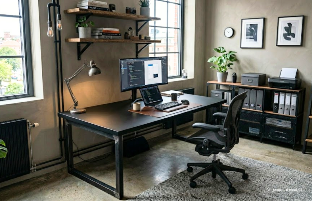 Industriellt hemmakontor med svart skrivbord, dator, hyllor, kontorsstol och stora fönster