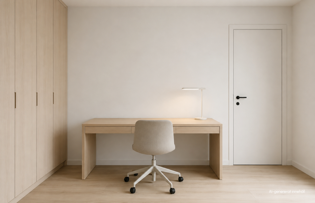Minimalistiskt hemmakontor med ljust skrivbord, stol, lampa och garderob i stilren miljö