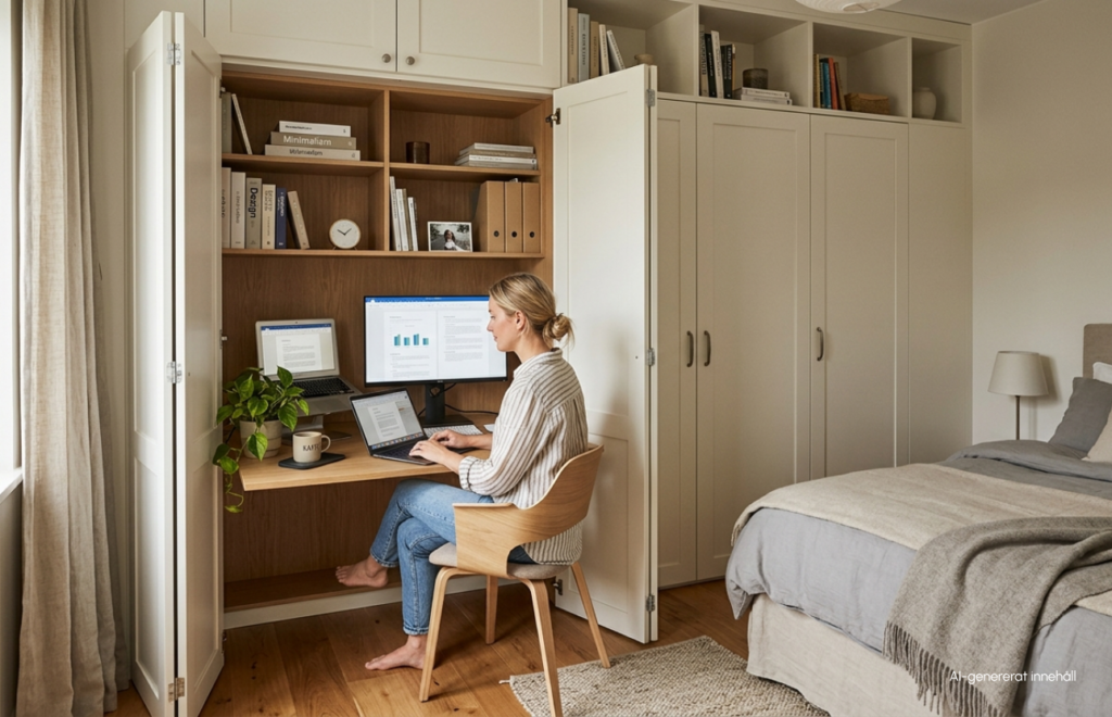 Hemmakontor i sovrumsskåp med skrivbord, skärmar, stol och förvaring bakom öppna dörrar