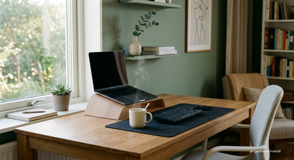 Minimalistiskt skrivbord med laptop på ställ, tangentbord, kopp och grön vägg vid fönster