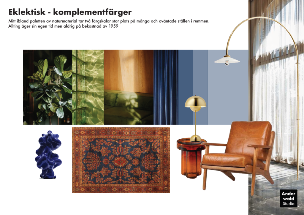 En moodboard som visar färg och material och exempel på möbler